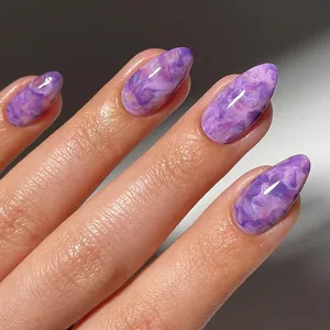 Unghie Finte Viola Marmorizzate Forma A Mandorla Lucide Manicure Indossabile Per Donna Festa DIY Decorazione Unghie