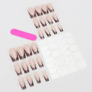 French leopard print press-on nails set with 24 long square pieces and tool kit