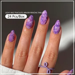 Set di 24 unghie finte viola marmorizzato a goccia lunga con finitura lucida elegante
