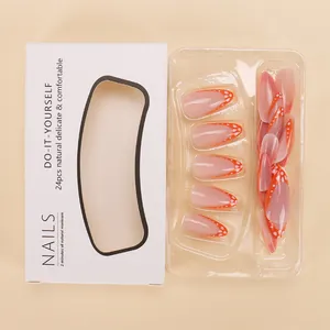 Französische Kunstnägel-Set mit orangem Hirschmuster und weißen Punkten in 24er Box