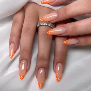 24er Set französische orangefarbene Mandel-Kunstnägel mit weißen Punkten und Glanz