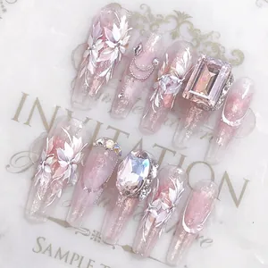 Handmade Press On Nails High Grade Cat Eye Resin Artificial False Nails With Rhinestone Flower For Women Wedding Party Decor