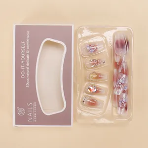 Purple floral press-on nails set with cat-eye effect and 3D rhinestones kit