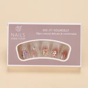 Detail of press-on nail kit with floral patterns, pearls, and rhinestones in pink box