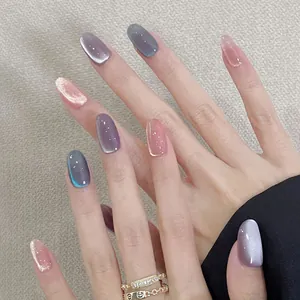 Handmade Cat Eye Press On Nails Long Oval Luxury False Nails For Women Multi Color Shimmer Resin Artificial Nails Manicure Gift