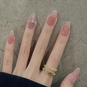 Handmade Press-on Nails Nude Pink Gradient Cat Eye Rhinestone Heart Bow Design False Nails For Women Everyday Decorative Manicure