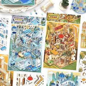 Infeel Me Miniature Building Architecture Scene PET Stickers With Background Card DIY Isometric Room Deco Stickers For Scrapbooking Journaling Kids Adult