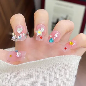 Handmade Pink Gradient Press-On Nails With Sparkling Rhinestones Stars Hearts Square Shape Artificial Nails DIY Manicure