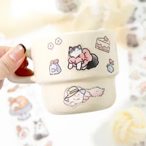 Kawaii lucky cat ceramic mug in cream white featuring cute cartoon floral patterns