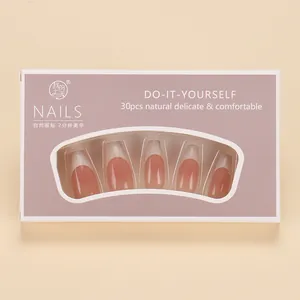 Detail view of 30pcs French style press-on nails in elegant purple display box