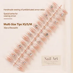 Cat eye gradient press-on nails with silver rhinestones and 30 piece set for women