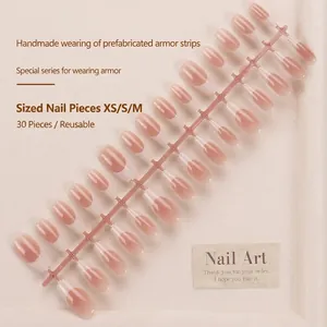 Press-on blush pink French nails with white tips, 30 pieces in XS S M sizes