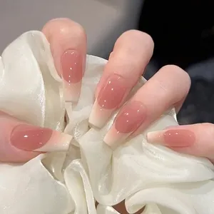 French Gradient Pink White Press On Nails Long Coffin Square Glossy False Nails For Women Daily Party DIY Manicure Accessory
