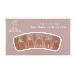 French tip coffin fake nails with pink blush gradient design and 30-piece press-on set