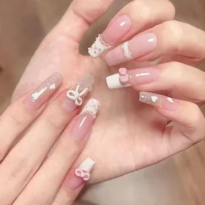 Handmade French Press On Nails Pink White Heart Bow Coffin Nails Long Fake Nails With Jelly Glue For Women Sweet Nail Art