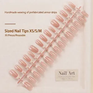 Set de 30 faux ongles nude dégradé français, forme ovale, tailles XS/S/M incluses
