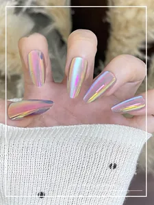 Macro detail of long oval holographic laser nails with sparkling iridescent finish