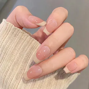 Faux Ongles Style Français Rose Nude Dégradé Carré Long Bout Blanc Résine Manucure Décor pour Femmes Quotidien