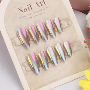 Detail of 10pcs aurora chrome stiletto press-on nails with multi-color shimmer effect