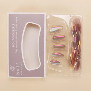 Macro view of 30pcs aurora laser almond press-on nails with lavender gift box