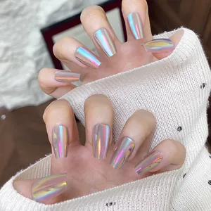 Faux Ongles à Coller Laser Aurore Holographique Faits Main Ciel Étoilé Irisé Pailleté Cercueil Ongles Longs Ballerine