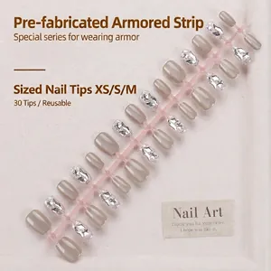 Short square taupe cat-eye press-on nails with silver glitter accent, 30pcs set