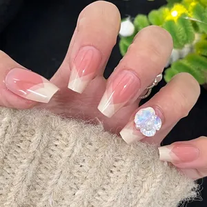 French Pink Gradient Press On Nails With 3D Shell Flower Artificial Pearl Decor ABS Resin Ballerina Shape Fake Nails For Women Daily