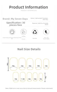 Size guide for handmade press-on nails detailing measurements for 10 various nail sizes