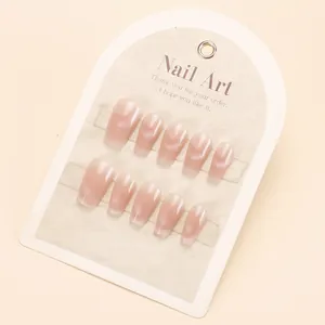 Handmade cat-eye short ballerina press-on nails in blush pink resin with 10 piece set