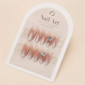 Luxury Pink White Gradient Cat Eye Press On Nails With Large Rhinestone Handmade ABS Resin Removable Fake Nails For Women Daily Nail Art