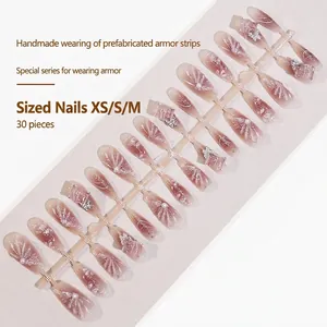 Pink gradient press-on nails with 3D butterfly, pearls and floral textures