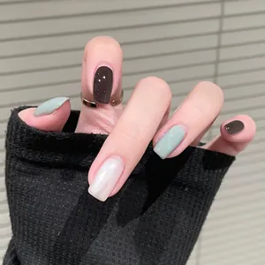 Morandi mixed color press-on nails in brown, green, and pearly white with a glossy finish