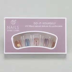 Détail du coffret violet avec faux ongles aux motifs œil de chat, étoiles et pois