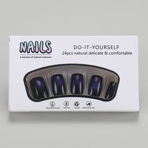 Detail of short square galaxy cat-eye press-on nails in deep purple gradient set of 24