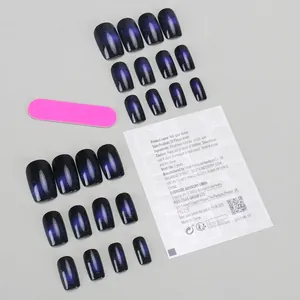24pcs short square galaxy cat-eye press-on nails set with glitter and adhesive tabs