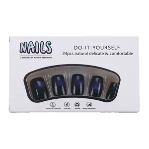 Short galaxy cat-eye press-on nails in 24pcs kit with purple star glitter and matte finish