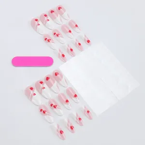 French almond press-on nails with red heart patterns, includes nail file and glue tabs