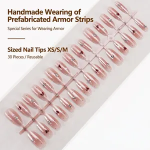 Pink gradient press-on nails set with heart rhinestones 30 pieces in sizes XS S M