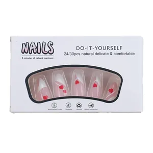 Press-on nail set with white French tips and red hearts in a clear window box