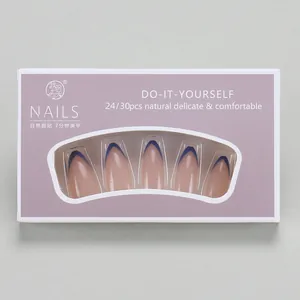 Close-up of retail packaging for blue French V-shaped almond press-on nails set