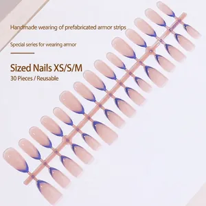 French blue gradient press-on nails set with 30 pieces in sizes XS, S, and M