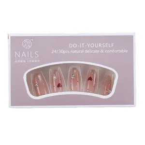 Pink gradient long coffin press-on nails with red heart and silver star glitter designs