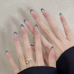 French Blue Tip Press On Nails Long Almond Fake Nails Nude Pink Base Elegant Minimalist DIY Manicure For Women Daily Nail Art