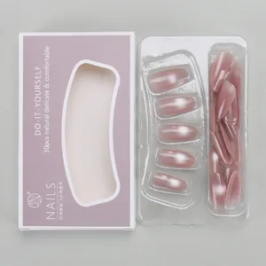 Detail view of 30pcs dusty pink cat eye press-on nails in tray with packaging box