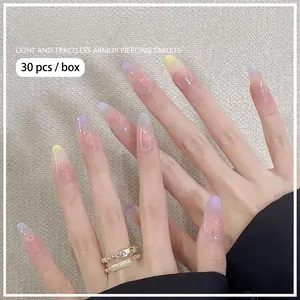 Faux ongles amande dégradé pastel avec paillettes, boîte de 30 pièces élégantes