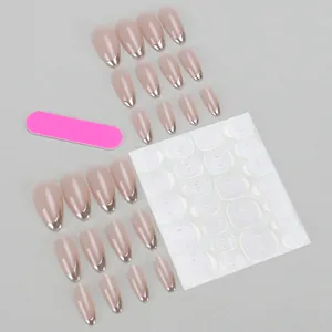 Almond press-on nails with silver French tips including pink file and glue stickers