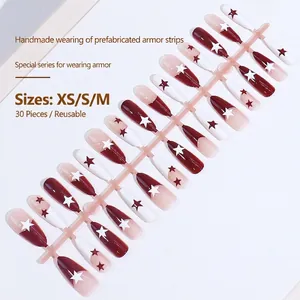 Star-patterned French press-on nails in burgundy and beige with 30-piece sizing set