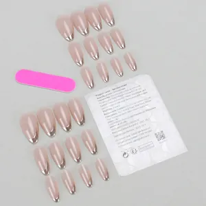 French tip press-on nails in long almond shape with silver mirror metallic borders