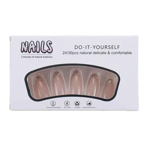 French tip press-on nails set with gold edges in elegant white rectangle window box