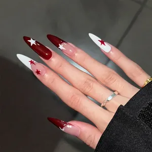 Burgundy White Star French Press On Nails Long Stiletto Fake Nails Handmade Reusable False Nails For Women Party Manicure Art